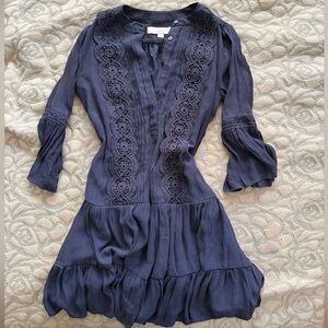 LOFT Navy Long Sleeve Dress with Lace Detail